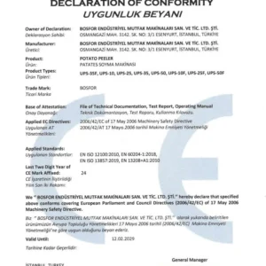 Bosfor UPS-10T Patates Soyma Makinesi - 10 kg, 380V Trifaze - Görsel 4
